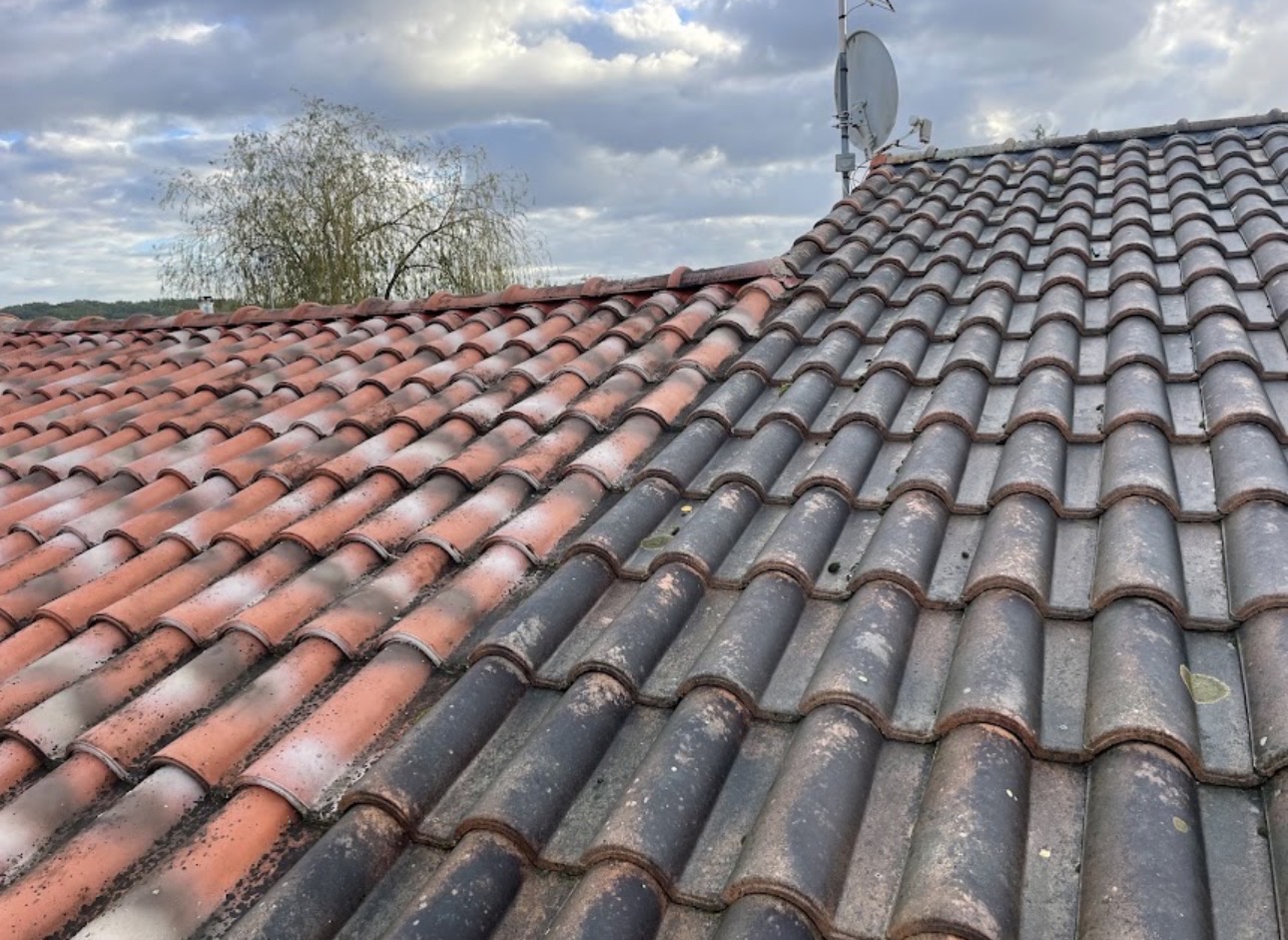 Toiture ancienne, tuiles encrassées — avant travaux